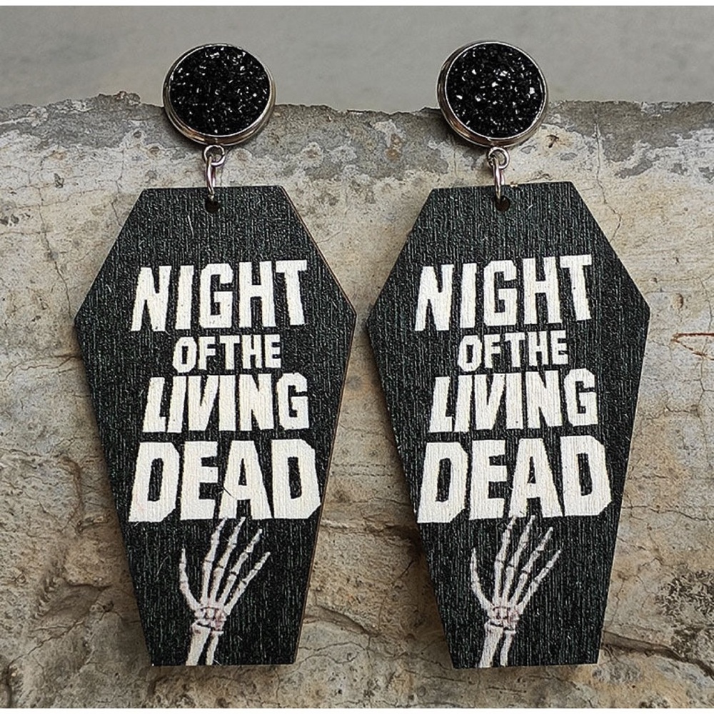“Night of the Living Dead" themed coffin-shaped dangle earrings, NEW